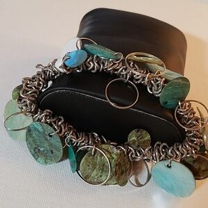 Green Tones Shell & Silver Stretch 8" Bracelet